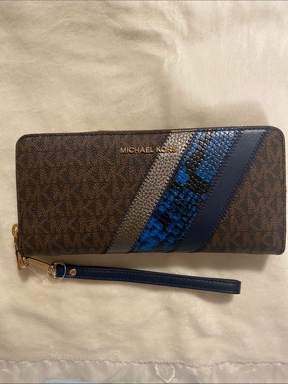 Michael Kors Brown Wallet Wristlet with Navy and Blue Stripes